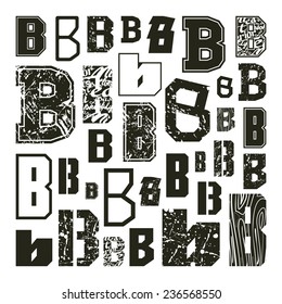 Set versions of letters B in a variety styles. Black print on a white background