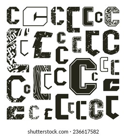 Set versions of letters C in a variety styles. Black print on a white background