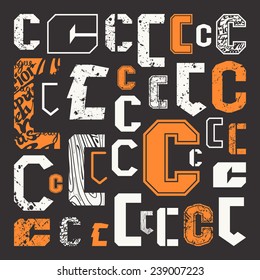 Set versions of letters C in a variety styles. Color print on black background