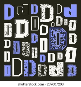 Set versions of letters D in a variety styles. Color print on black background