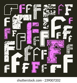 Set versions of letters F in a variety styles. Color print on black background