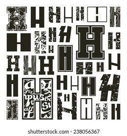 Set versions of letters H in a variety styles. Black print on a white background