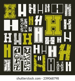 Set versions of letters H in a variety styles. Color print on black background