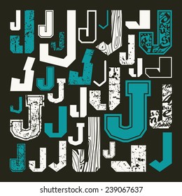 Set versions of letters J in a variety styles. Color print on black background