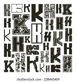 Set versions of letters K in a variety styles. Black print on a white background