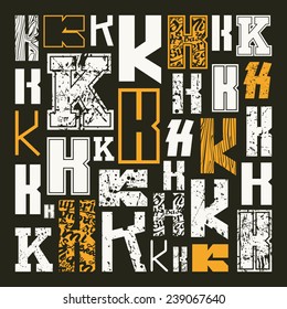 Set versions of letters K in a variety styles. Color print on black background