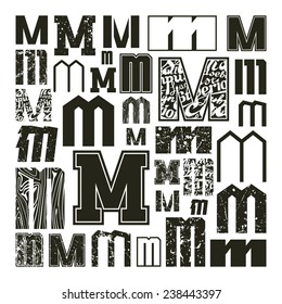 Set versions of letters M in a variety styles. Black print on a white background