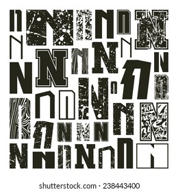 Set versions of letters N in a variety styles. Black print on a white background