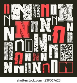 Set versions of letters N in a variety styles. Color print on black background