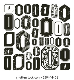 Set versions of letters O in a variety styles. Black print on a white background