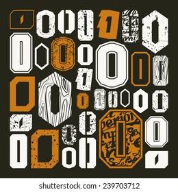 Set versions of letters O in a variety styles. Color print on black background