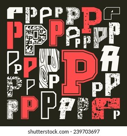 Set versions of letters P in a variety styles. Color print on black background