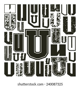 Set versions of letters U in a variety styles. Black print on a white background
