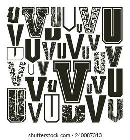 Set versions of letters V in a variety styles. Black print on a white background