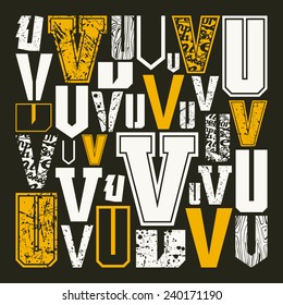 Set versions of letters V in a variety styles. Color print on black background