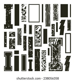 Set versions of letters I in a variety styles. Black print on a white background
