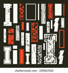 Set versions of letters I in a variety styles. Color print on black background