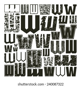 Set versions of letters W in a variety styles. Black print on a white background