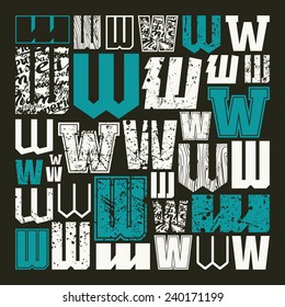 Set versions of letters W in a variety styles. Color print on black background