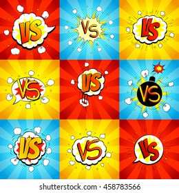 Set of versus letters fight backdrops in pop art style. Vector illustration. Decorative collection of backgrounds with bomb explosive.