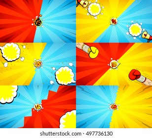 Set of versus letters fight illustrations. Vector backdrops. Collection of decorative backgrounds with bomb explosive in pop art style.