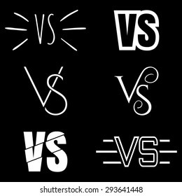 Set of versus letters logo. White letters V and S flat style symbol on black background