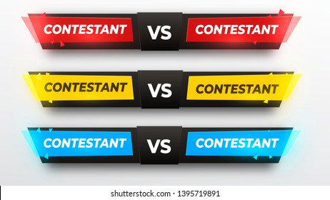 Set versus Logo, sreen design. VS Vector Letters Illustration. Red, yellow and blue in black background. Competition Icon. Fight Symbol.tringle. shining effect. Vector illustration