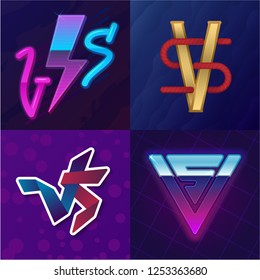 Set of versus monograms. Neon logo, comic style, modern VS letters. Competition symbols, red blue team. Eps10 vector