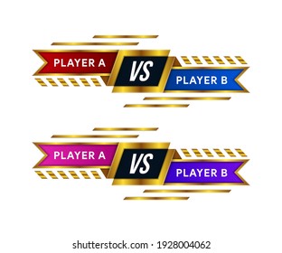 Set of Versus screen template. Vs battle element, conflict duel between Red and Blue teams or pink and purple players. Luxury design template with gold ornament.