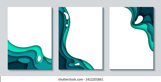 Set of vertical A4 banners with 3D abstract background with blue paper cut waves. Wavy geometric poster. Fashionable composition of color figures cut out of paper. Vector.