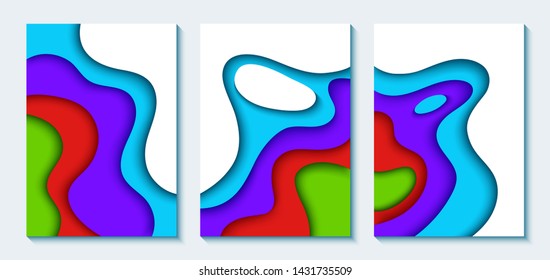 Set of vertical A4 banners with 3D abstract background with blue paper cut waves. Wavy geometric poster. Fashionable composition of color figures cut out of paper. Vector.