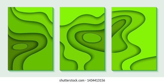 Set of vertical A4 banners with 3D abstract background with blue paper cut waves. Wavy geometric poster. Fashionable composition of color figures cut out of paper. Vector.