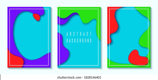 Set of vertical A4 banners with 3D abstract background with multicolored paper cut waves. Wavy geometric poster. Fashionable composition of color figures cut out of paper. Vector.
