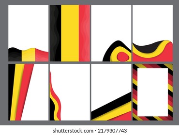 Set of Vertical A4 Banners with 3D abstract background of paper cut outs in Belgian Flag Colors. Template. Vector design layout for presentations, flyers, posters, cards, banners, backgrounds, covers.