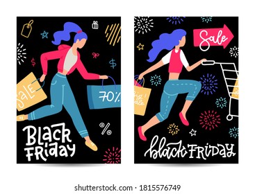 Juego de banners verticales A4 para la venta del Black Friday. Mujeres corriendo a comprar con carrito y bolsas de papel en las manos. Ilustración del vector plano.