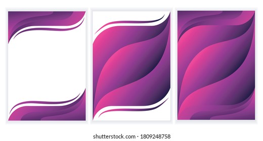 Set of vertical A4 banners on a 3D abstract background with gradation waves. Wavy geometric poster. Fashionable composition.