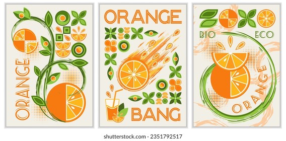 Set of vertical A4 poster with fruit orange, abstract shapes in simple geometric bauhaus style Good for branding, decoration of food package, cover design, decorative print, background, wall prints