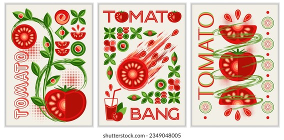 Set of vertical A4 poster with tomato, abstract shapes in simple geometric bauhaus style Good for branding, decoration of food package, cover design, decorative print, background, wall prints