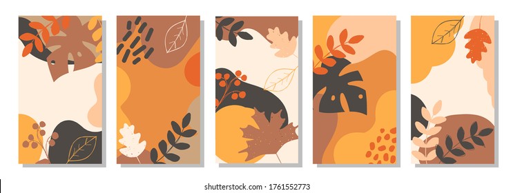 Set of vertical abstract autumn backgrounds or card templates in modern colors, vector illustration in popular art style