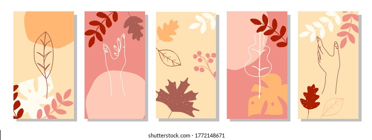 Set of vertical abstract autumn backgrounds or card templates in modern colors, vector illustration in popular art style