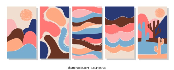 Set of vertical abstract backgrounds or card templates in modern colors, vector illustration in popular art style