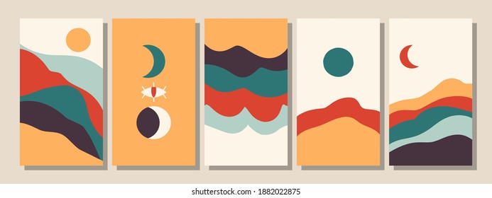 Set of vertical abstract backgrounds or card templates in modern colors, vector illustration in popular art style