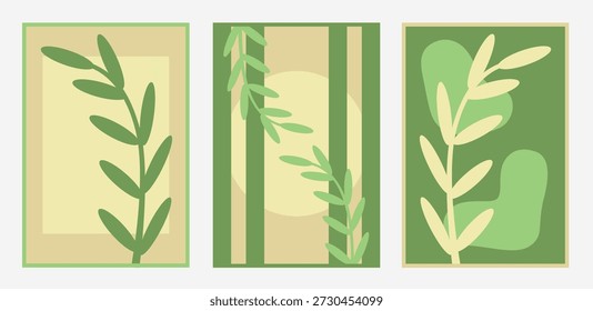 Conjunto de planos de fundo abstratos verticais ou modelos de cartão em cores verdes com folhas. Estilo de arte plana popular.