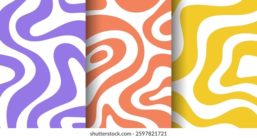 Set of vertical abstract backgrounds with colorful wave patterns. Trendy vector illustration in retro style 60s, 70s.