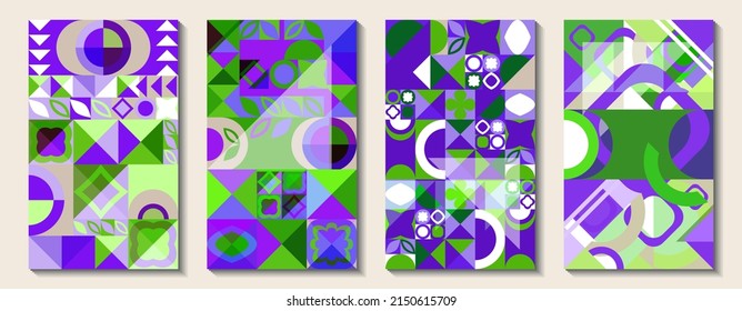 Set of vertical abstract backgrounds. Geometric pattern in trendy green and purple colors. Use as wallpapers, backgrounds, covers, for printed products, banners, promotions, promotions, discounts, etc