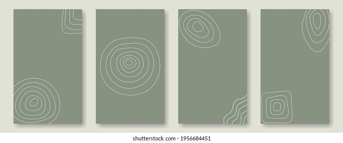 Set of vertical abstract backgrounds for social media and posting. Circles and squares from lines drawn by hands in doodle style on a green background.