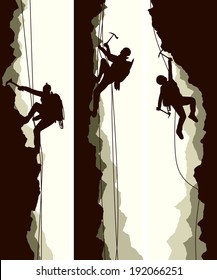 Set vertical abstract banners of alpinists (climbers) with ice ax.