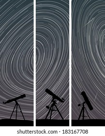 Set vertical abstract banners of stars trace circles on the sky with telescopes.