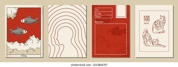 Set of vertical abstract posters in retro asian style for your poster, flyer or banner, vector illustration (Japanese text translation: cat).