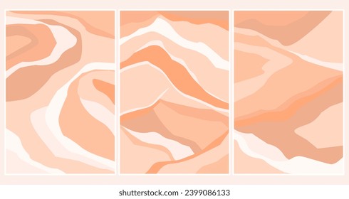 A set of vertical abstract posters with silhouettes of uneven lines in trendy delicate peach colors. Vector graphics.